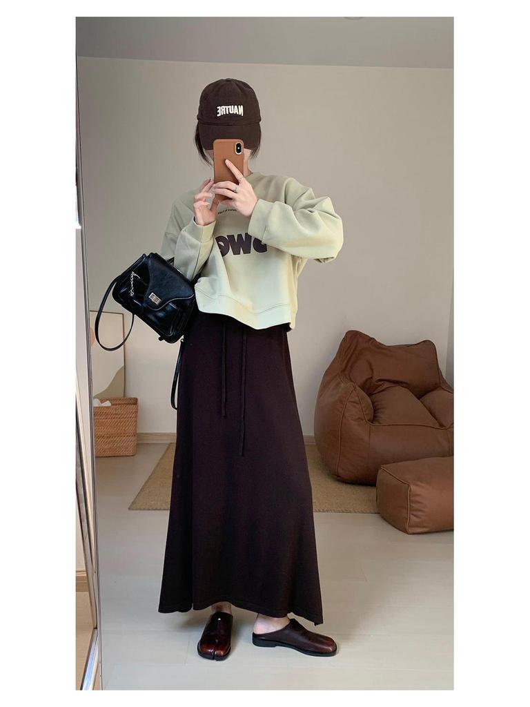Korean Style High Waist Knitted A-Line Midi Skirt for Women