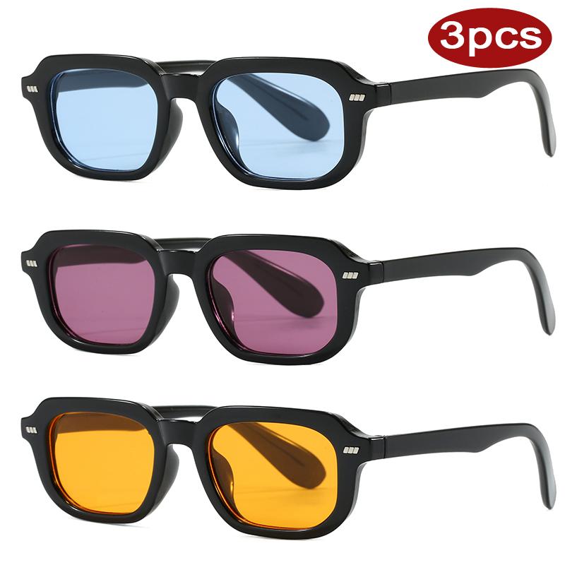 

3Pcs Fashion Square Rivet Design Sunglasses Vintage Colorful Lens Sun Glasses Men Women Simple High-Quality Eyeglass Uv400