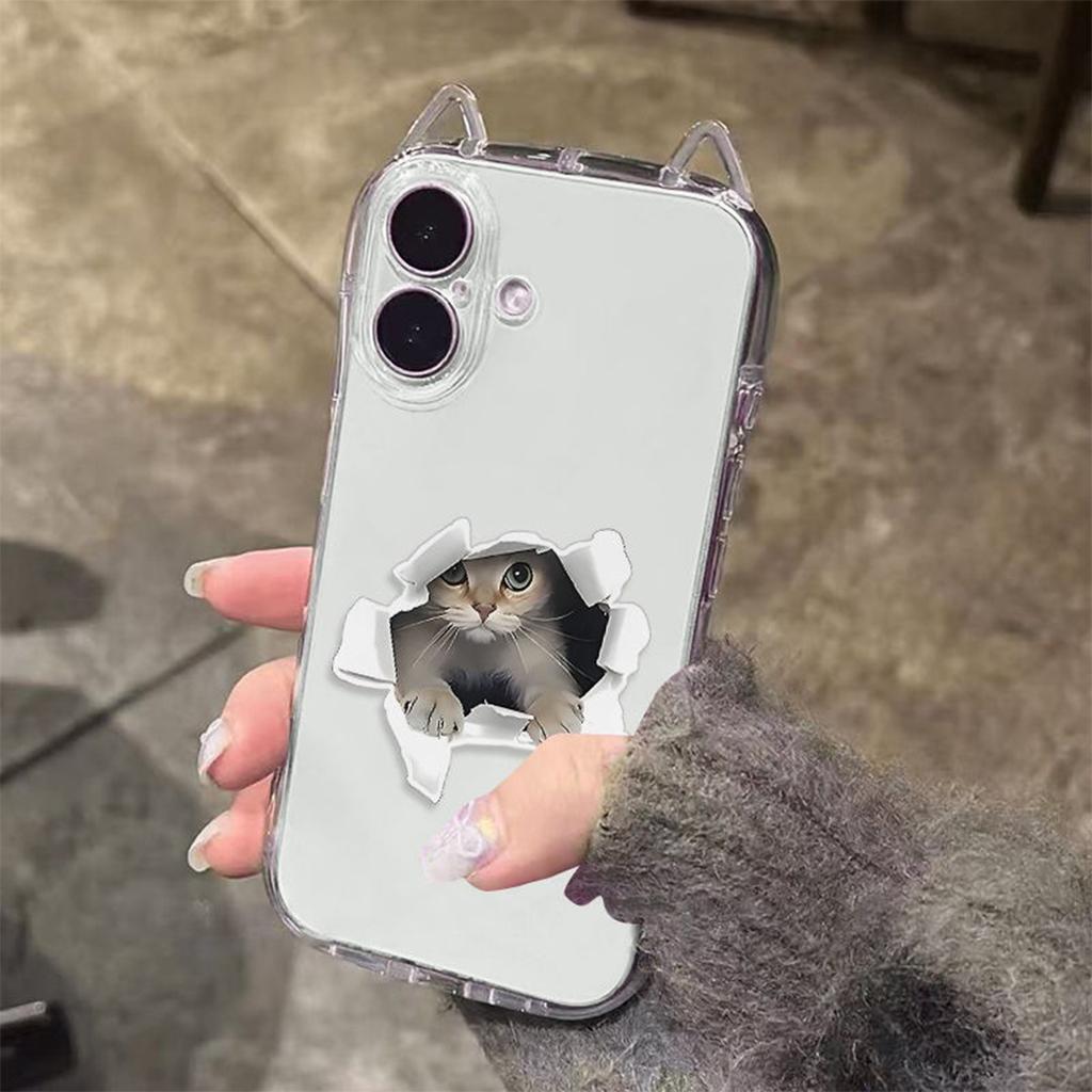 For Apple Mobile Phone Protective Case Three-piece Set Diagonal Anti-fall Mobile Phone Case for Apple Bare Metal Feeling Cat Ears Transparent