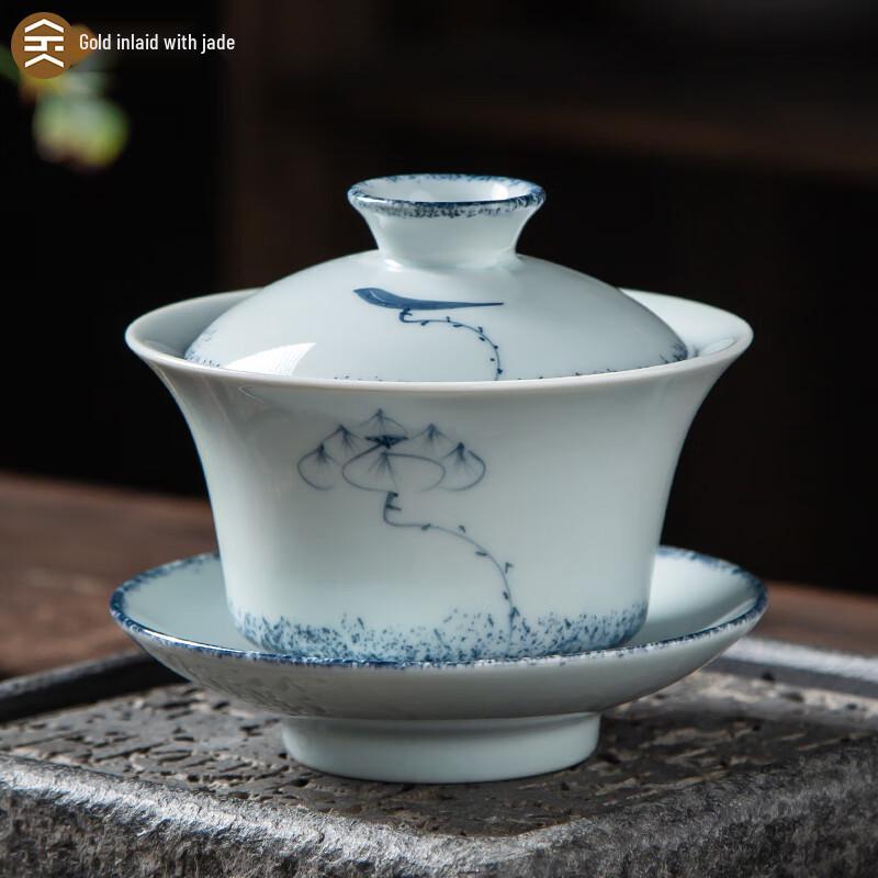 Large Hand-Painted Blue & White Ceramic Gaiwan