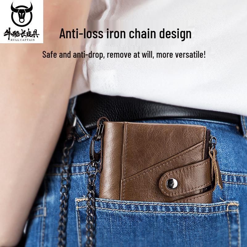 Cow Captain Vintage RFID Men's Trifold Zipper Wallet - Genuine Leather & Top Layer Cowhide
