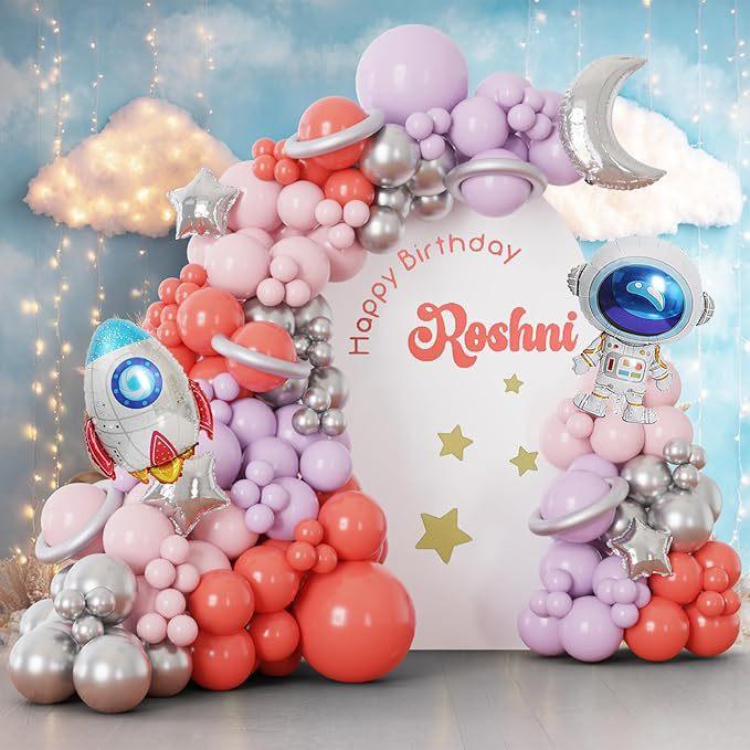

Metal Balloon Set Chrome Gold Silver Blue Purple Balloon Wreath Kids Outer Space Party Birthday Graduation Decoration Space Themed Package