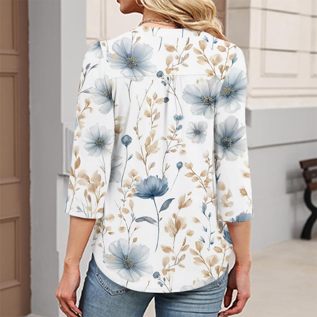 Women's Fashionable Casual Retro Floral V,Neck Decorative Button Three,Quarter Sleeve T,Shirt Top