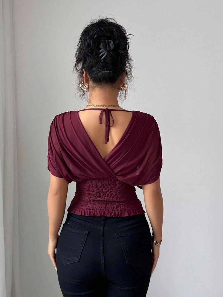 European and American Fashion Deep V-neck Puff Sleeve Fitted Waist Women's Top