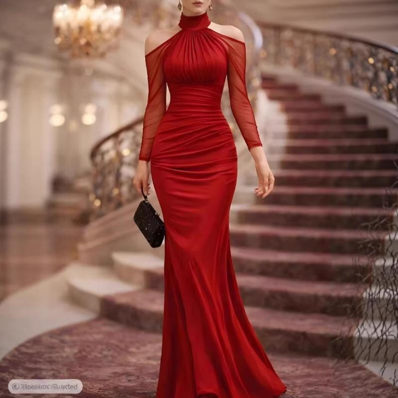 Women Sexy Halter Off Shoulder Long Sleeve Mermaid Long Evening Party Dress