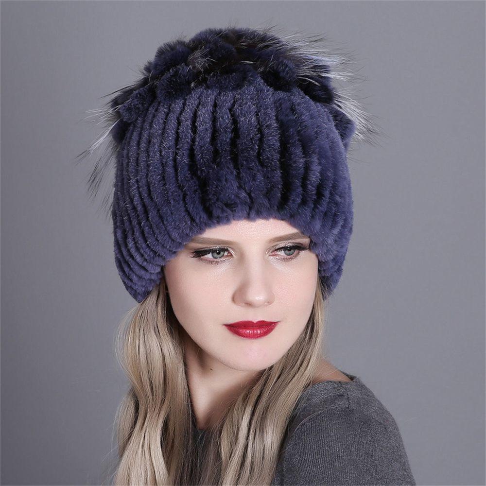 Outdoor Winter Warm Real Fur Beanies Hat Rabbit Fur Cap Knitted Real Rex Rabbit Fur Hats Elastic