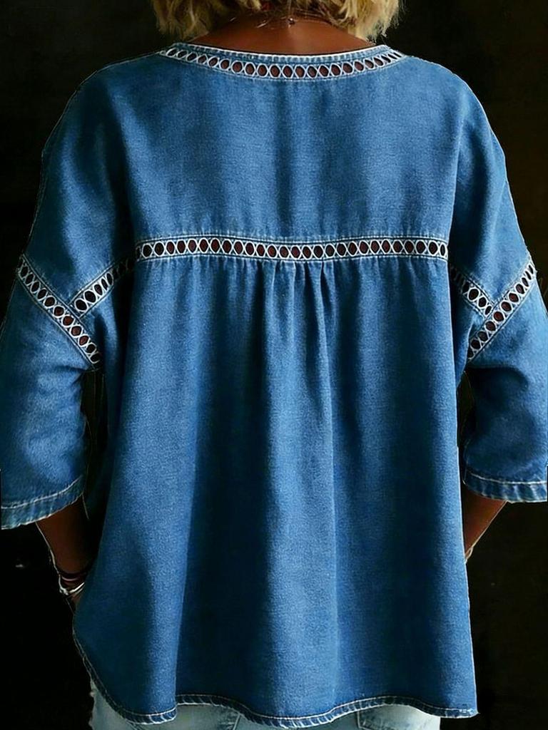 Haut décontracté en faux denim ajouré à col rond Printemps/Été 2026