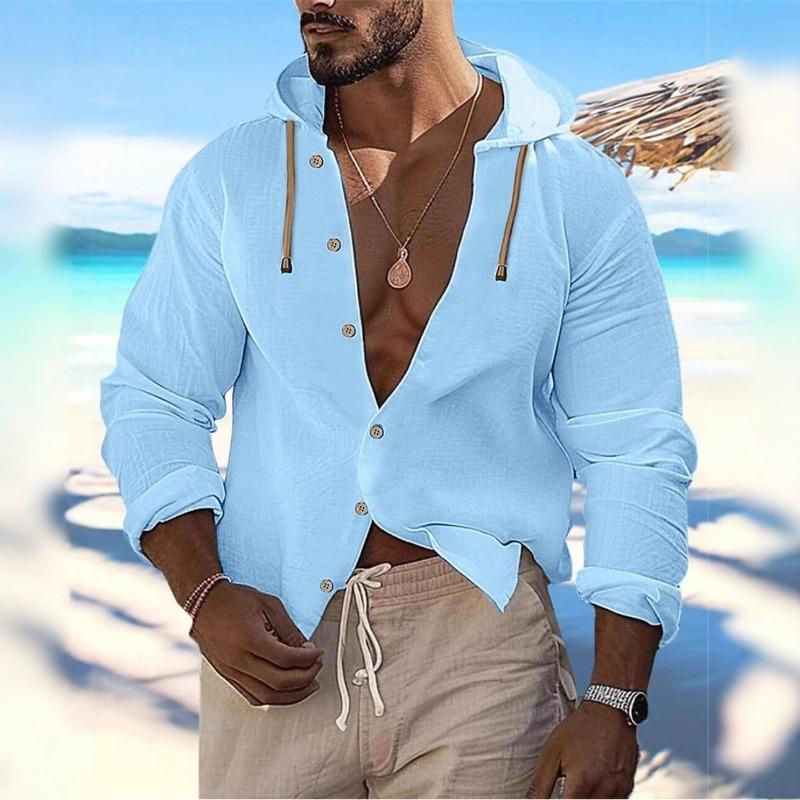 New Spring Summer Men's Hooded Inch Shirt Solid Color Cotton Linen Men's Casual Long-sleeved Button Spliced Hooded Top