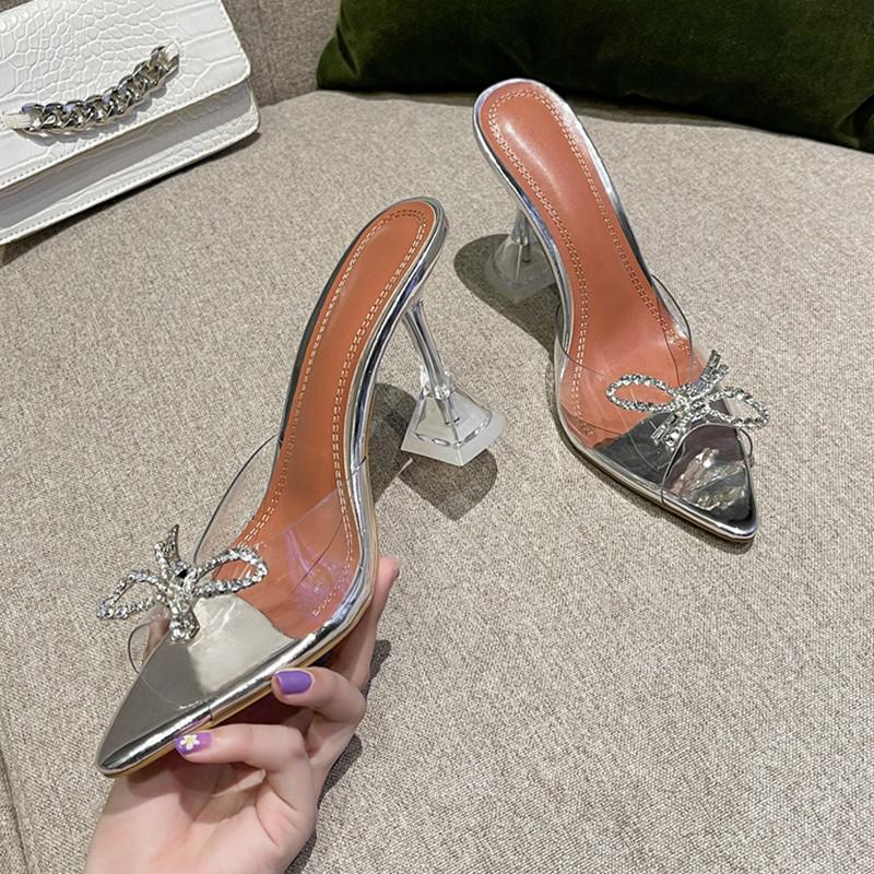 Mode Übergröße 35-45 Strass Schleife Transparentes PVC Damen Hausschuhe Elegant Hohe Absätze Sommerschuhe Sandalen Mode Pantoletten Slides