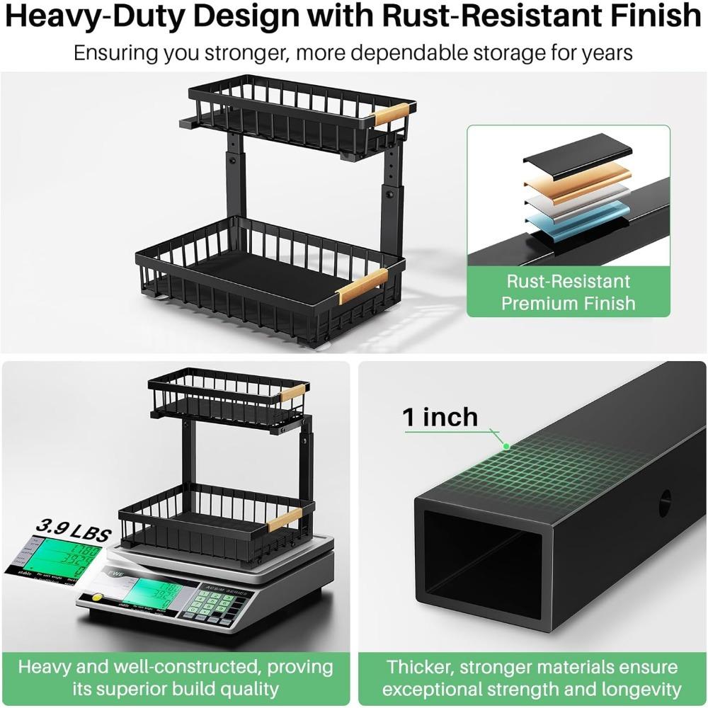 Under Sink Organizer, 2 Packs 2 Tier Under Sink Organizers and Storage, Slide Out Pull Out Cabinet Organizer Shelf, Metal Sliding Drawer for Kitchen