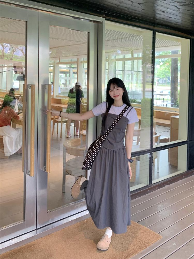 Women's 2024 Summer Sweet Color Block Short Sleeve High Waist Midi Dress Set