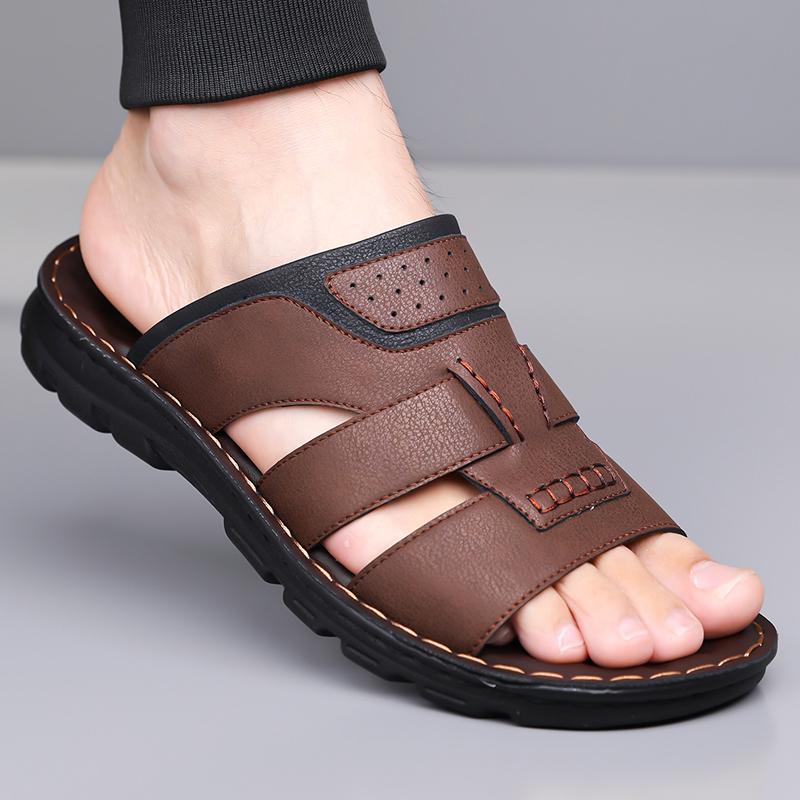 Men Black Leather Slippers Flats Summer Brown Wide Head Sandals Outdoor White Beach Shoes for Father Over Sized 46 47 48