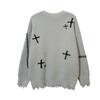 Dark Academia Knit Sweater With Cross Motif Distressed Fringe Loose Fit Warm Fleece-Like Acrylic Pullover Teens