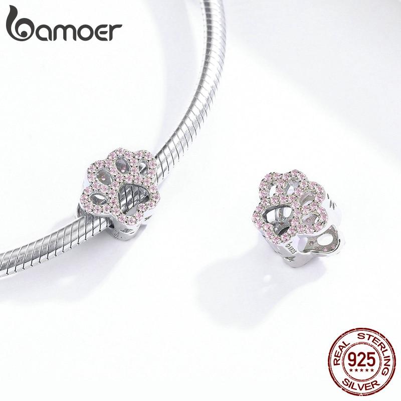 Bamoer Pet Cat Paw Footprint 925 Sterling Silver Bead Charm do bransoletki DIY tworzenia biżuterii