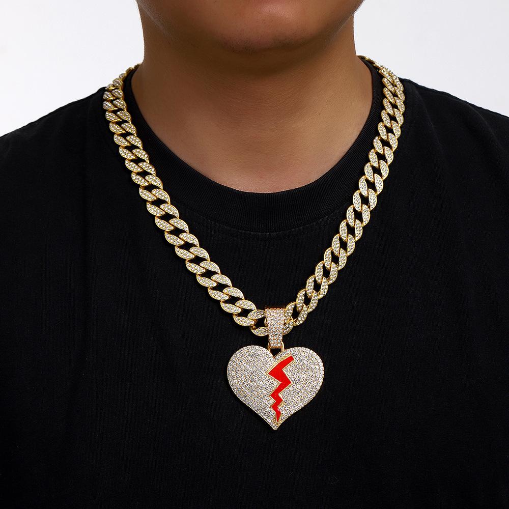 Street Hip Hop Personality Broken Crack Love Pendant Lanyard Hiphop15Mm Clasp Cuban Chain Men