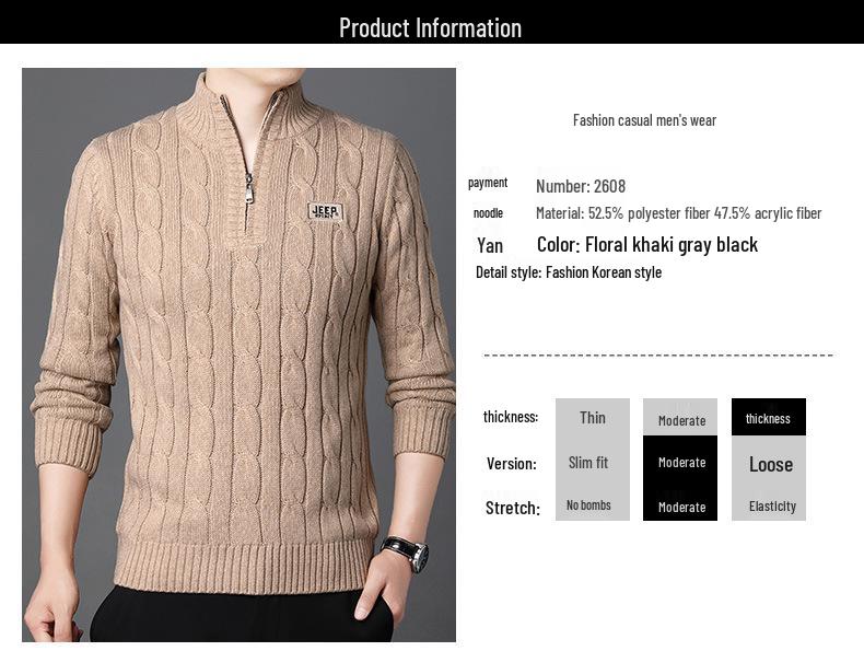 JEEP SPIRIT Men's Winter Half-Zip Fleece-Lined Knitted Sweater 2608