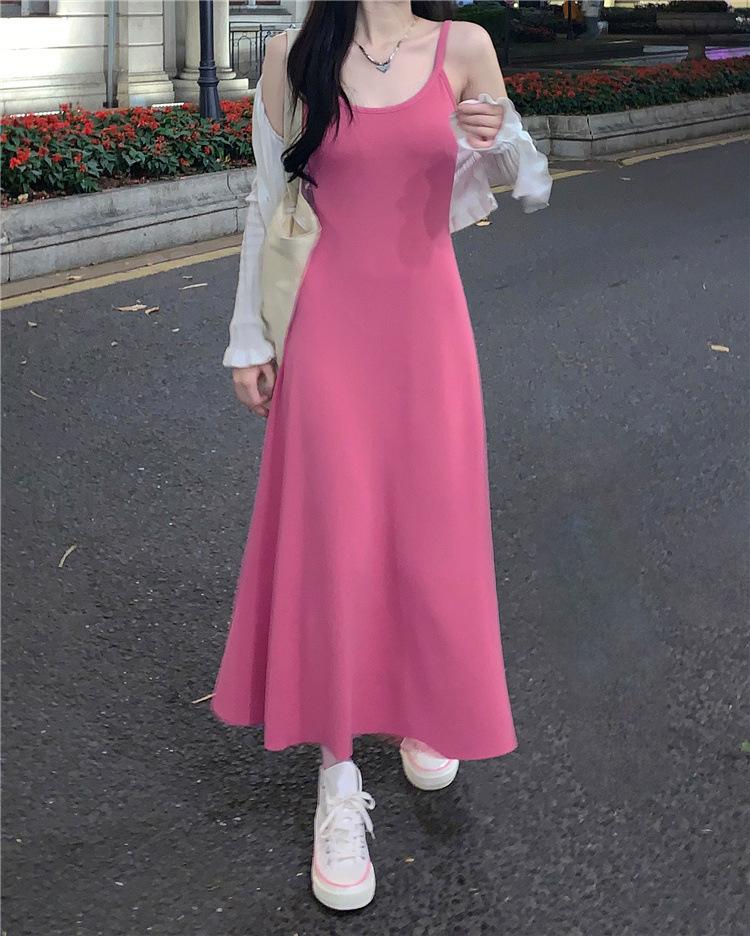 

Women s suspender pink dress women s summer new outer wear Spice girl chic waist slim fit inside temperament dress S малиновый розовый