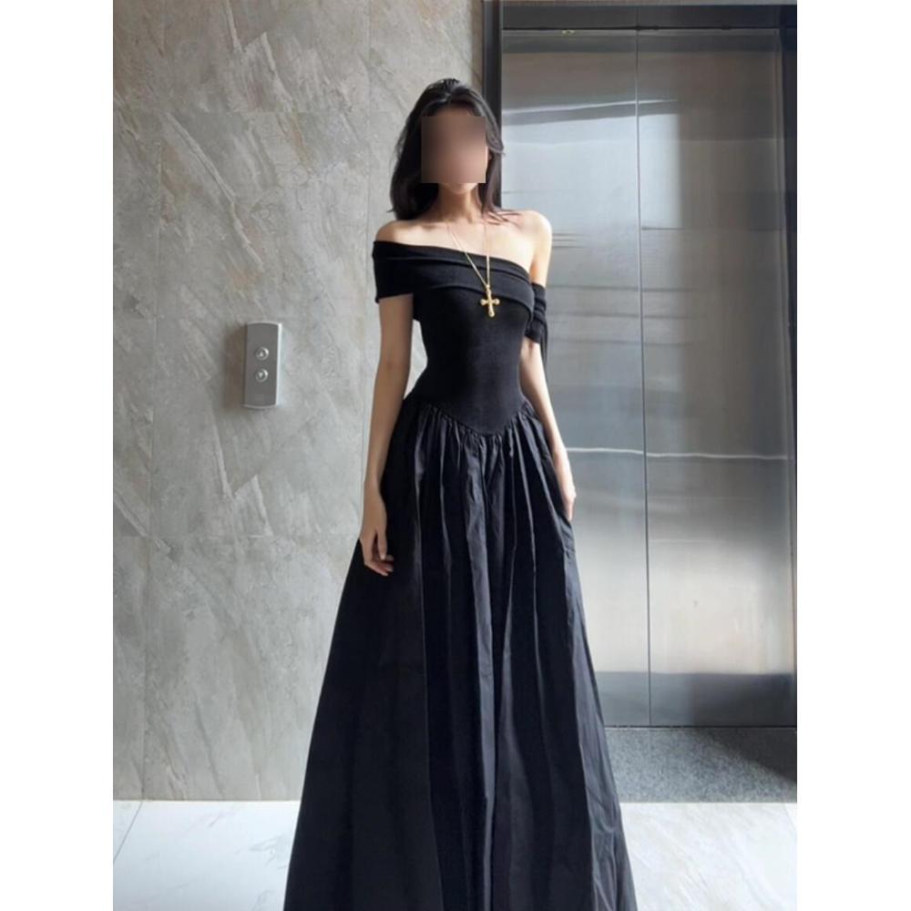 Female summer tall temperament slim long dress to ankle super long black one-word shoulder dress