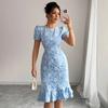 2026 summer new French blue floral bubble sleeves waist and thin temperament dress
