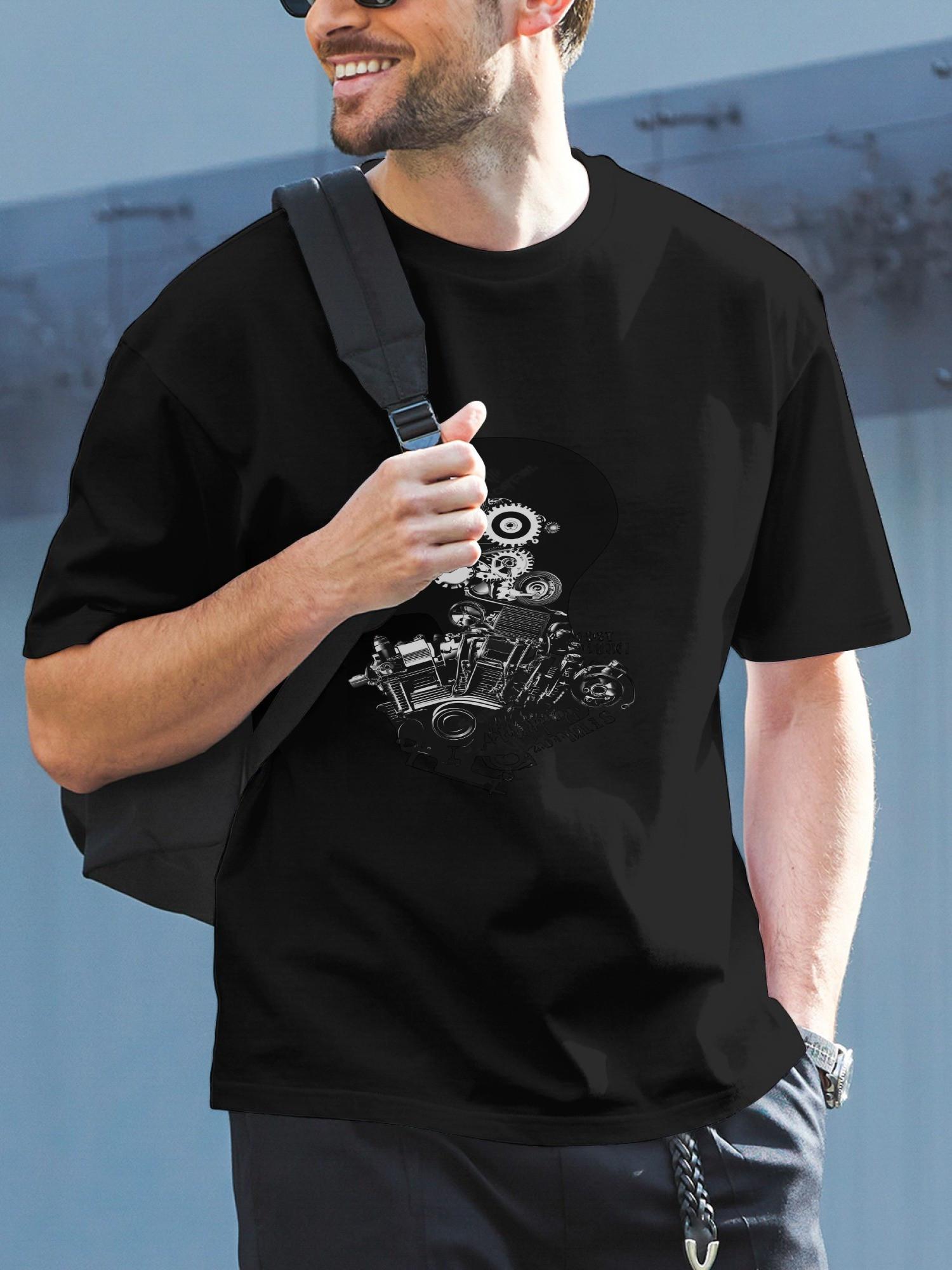 1pc Black Engine Head Vector Art Typography T-shirt - 180g Cotton Crew Neck Short Sleeve XXL