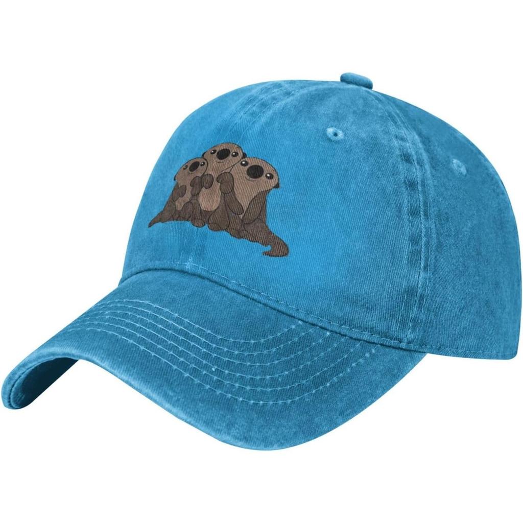 Cute Otters Family Graphic Washed Denim Baseball Cap Breathable Cotton Adjustable Dad Hat
