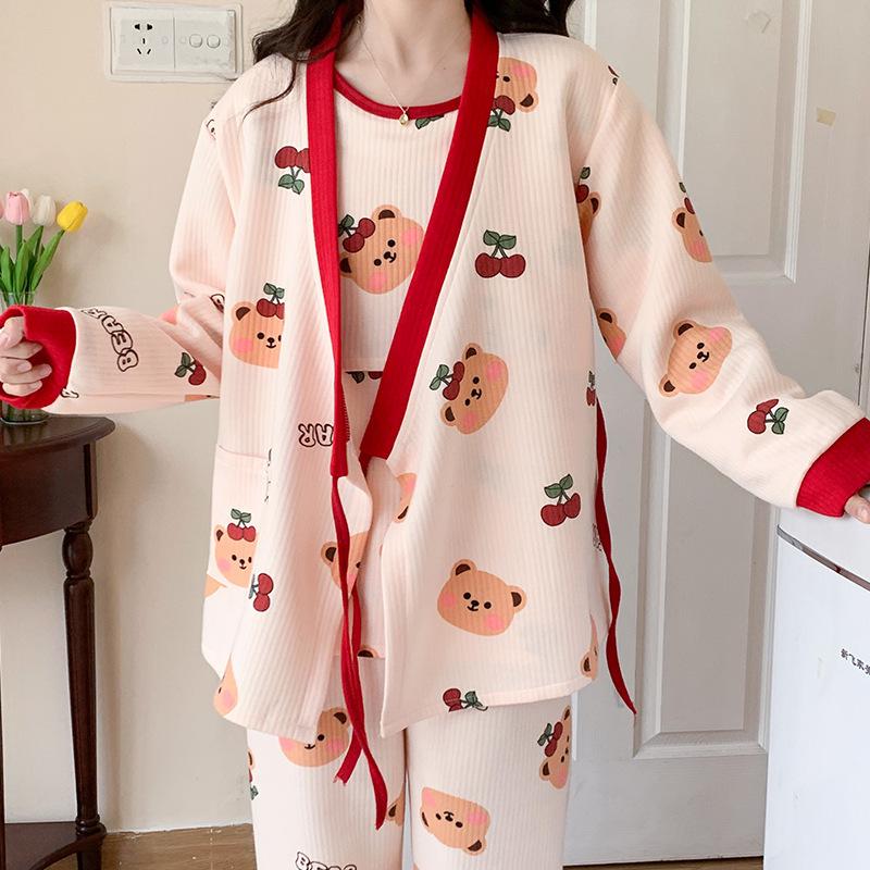 2024 Winter Luftbaumwolle Umstands-Dreiteiler: Verdickter Kimono für die Stillzeit nach der Geburt und für zu Hause.