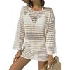 Women's Summer Knit Hollow Out Pullover Round Neck Long Sleeve Bikini Cover Up Beachwear Swimwear Dress