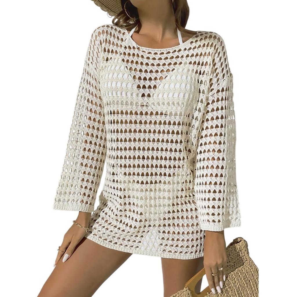 Women's Summer Knit Hollow Out Pullover Round Neck Long Sleeve Bikini Cover Up Beachwear Swimwear Dress