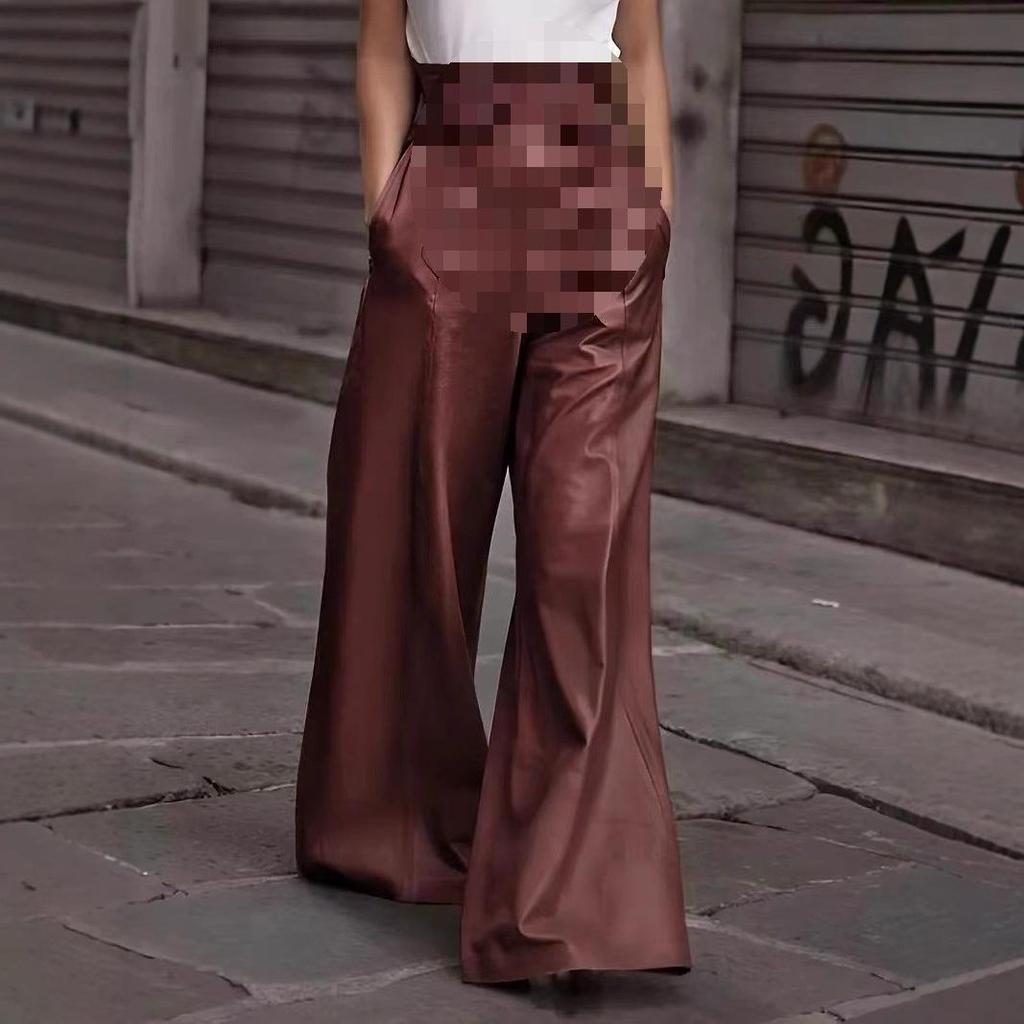 2026 High Waist Loose PU Leather Flared Pants with Pockets for Women