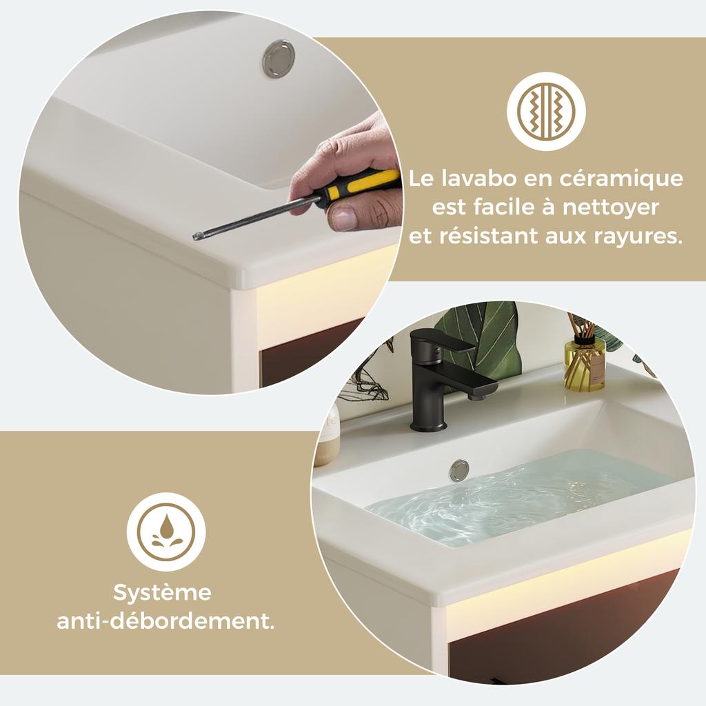 61*46.5*87cm, Freestanding Bathroom Washstand, Lacquered Surface, Integrated Ceramic Basin, Soft-Close Hinges, Two Drawers, High Foot Design, White.