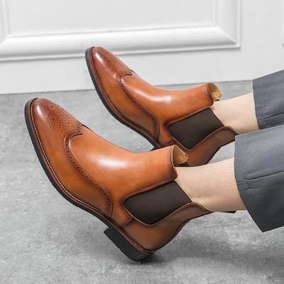 Vintage Style Men Chelsea Boots Comfortable Fashion Leather Man Ankle Boots All Match Brogue Business Shoes Casual Slip On Boots