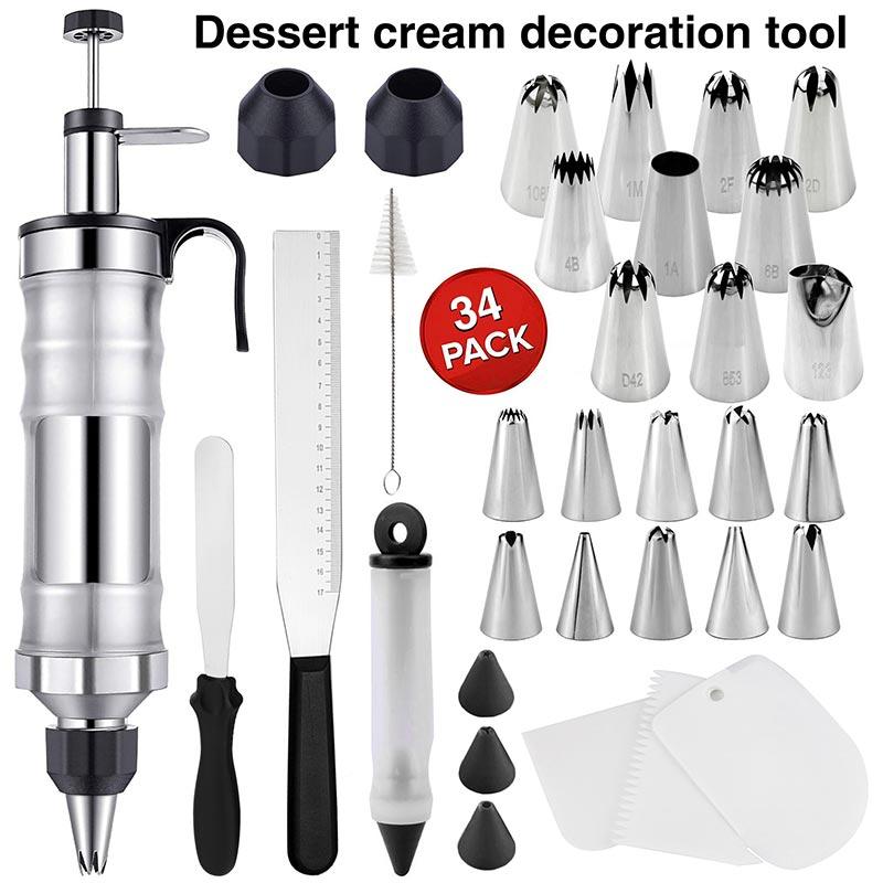 

34 Piece Sets Handheld Piping Gun Set,Metal Decoration Cookie Cake Making Mounting Syringe,Baking Tool,Puff Cream Filler