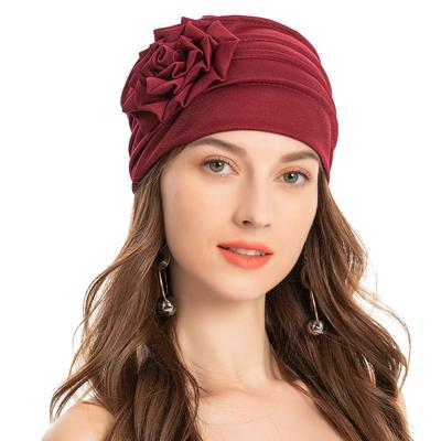Muslimische Mode Einfarbig Damen Hijab Turban Beanie Mütze mit Blume Chemo Kopfbedeckung Elastisches Kopftuch Kappe