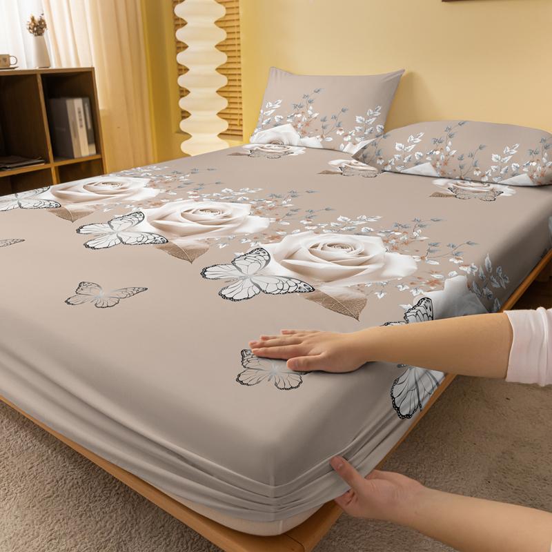 1 Simple Modern Plant Flower Butterfly Printed Matte Fitted Sheet, Bedroom Printed Bed Cover, Bedding (Excluding Pillowcases)