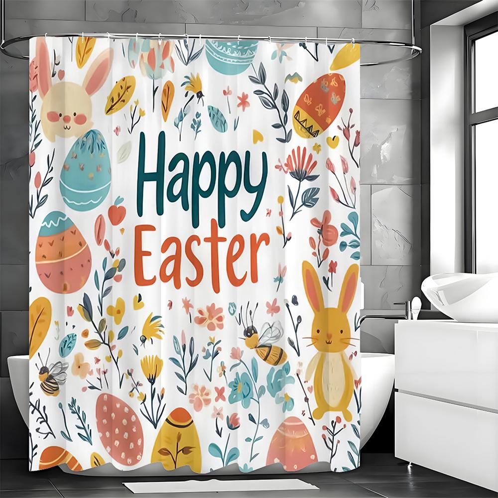 Happy Easter Bunny Floral Egg Shower Curtain, Bathroom Decorative Shower Curtain, Waterproof Shower Curtain with Hooks