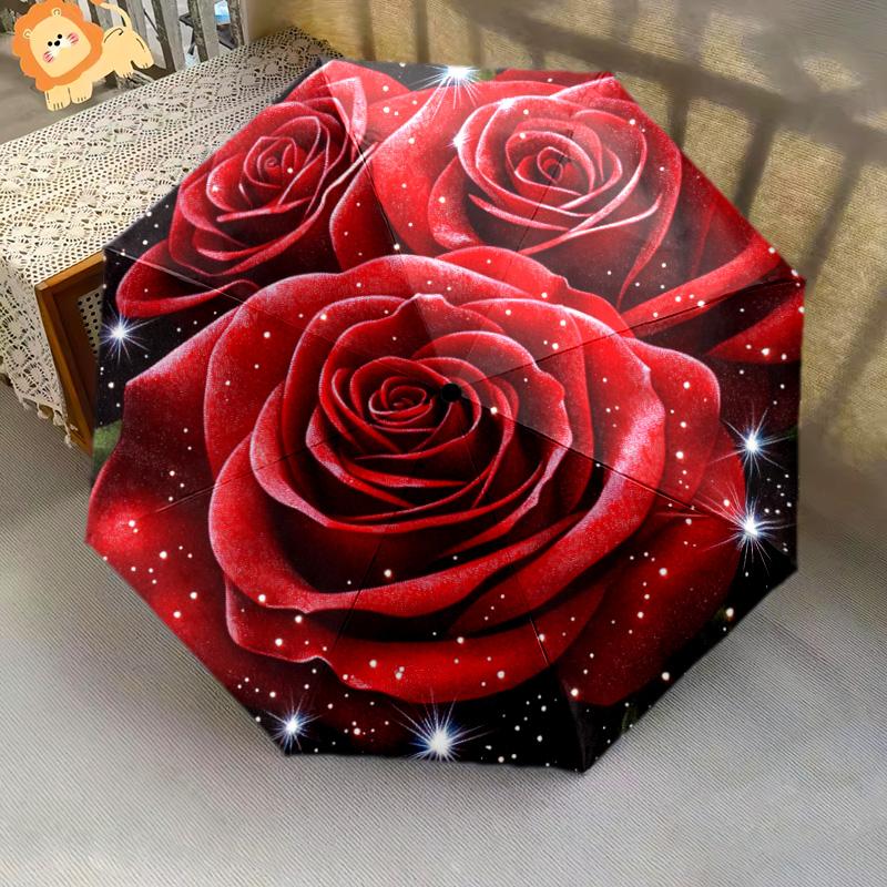 1 PC Automatic Folding Umbrella - Red Roses Pattern, Portable & Foldable Design with 8 Ribs, Christmas Birthday Gifts