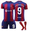 Kits de Football Personnalisés avec Nom pour Adolescents, Enfants, Adultes 23-24 Barça Domicile #9 LEWANDOWSKI Ensemble Maillot d'Entraînement Sportif avec Chaussettes