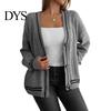 Women Casual Sweater Coat V-neck Long Sleeve Twist Texture Knitting Patchwork Color Single Breasted Loose Fit Elastic Outwear Knitwear