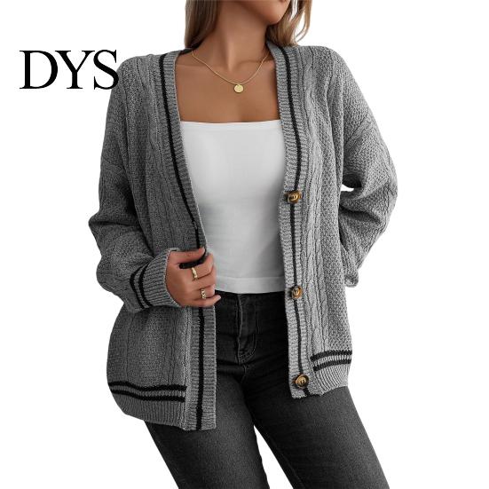 Women Casual Sweater Coat V-neck Long Sleeve Twist Texture Knitting Patchwork Color Single Breasted Loose Fit Elastic Outwear Knitwear