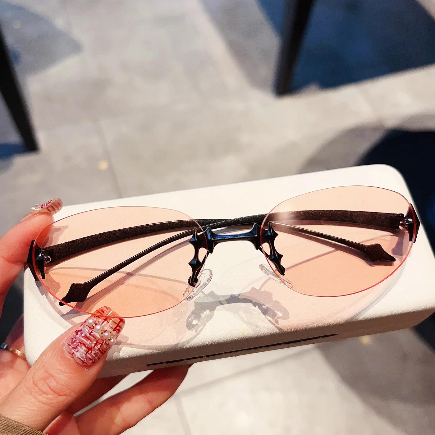 

Vintage Luxury Brand Designer Rimless Oval Sunglasses Women For Men Sun Glasses Punk Popular Rivet Star Small Shades Uv400