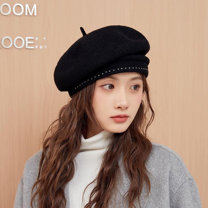Winter Hat Women Beret Elastic Knit Solid Color Soft Warm Thick Windproof Decorative French Artist Painter Vintage Elegant C