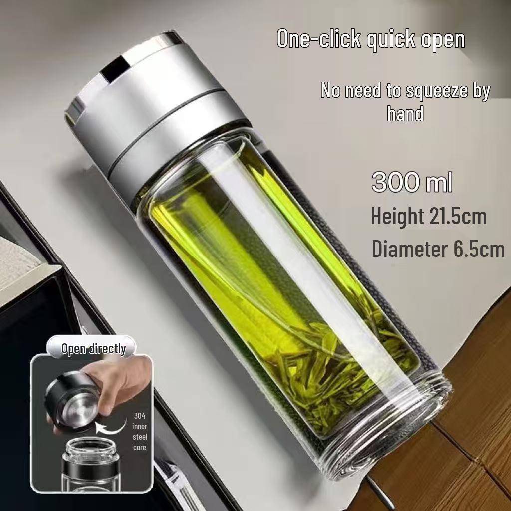 Portable Explosion-Proof Double-Layer Glass Cup with One-Button Open Lid for Tea Brewing - Insulated for Men and Women On Business Trips