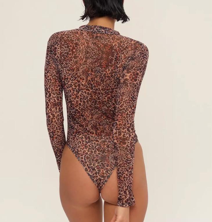 Women's Printed Mesh Zipper Long Sleeve One-Piece Swimsuit