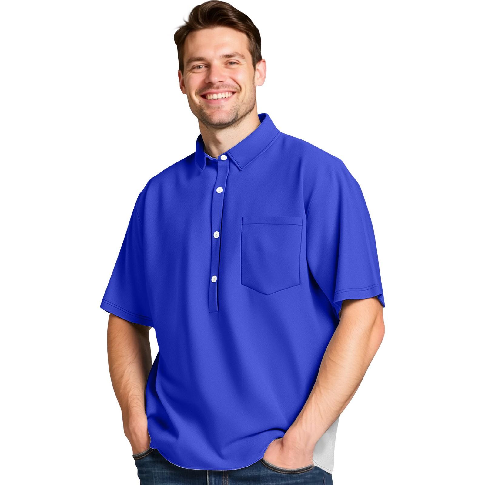 

Мужская летняя однотонная рубашка с четырехсторонними эластичными лацканами и карманами на пуговицах, повседневная спортивная рубашка с короткими рукавами L синий