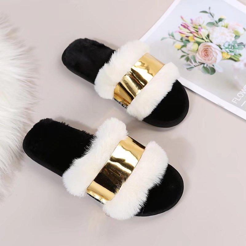 Fashion Women Fashion Slippers New Fashion Metal Flat Cotton Slippers Non Slip Warm Shoes Comfortable Home Slides Women Zapatos De Mujer