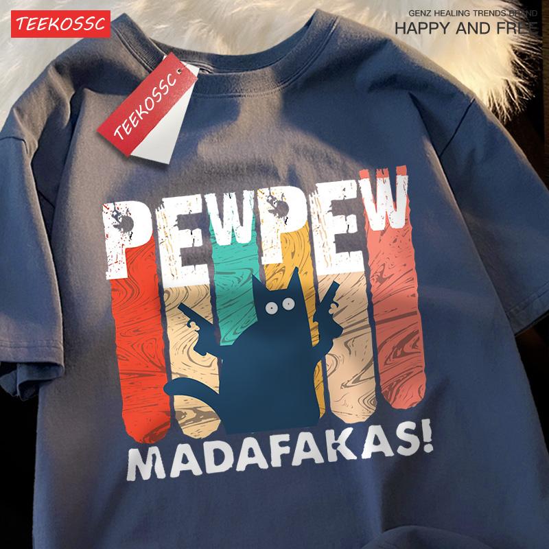 Pew Pew Madafakas Double Gun Cat Male T-Shirt Quality T Shirts Summer Oversized Short Sleeve Clothes Cotton Loose Street Tops