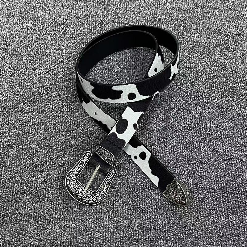 Cow Print Engraved Buckle Pants Chain Leather Belt - Trendy Niche Design Waistband