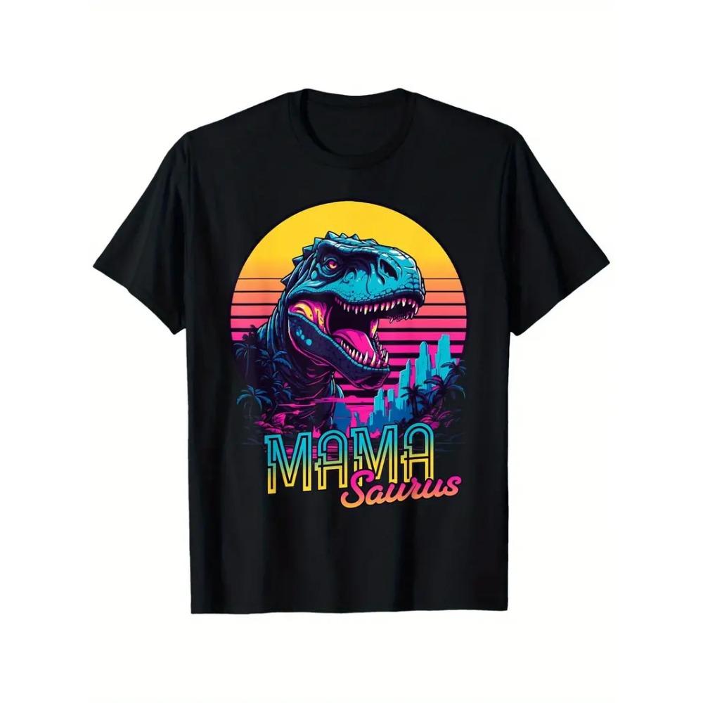 Fun Tyrannosaurus Rex Print T-shirt Retro Soft Round Neck Short Sleeved Shirt - Mother's Day Women's Gift