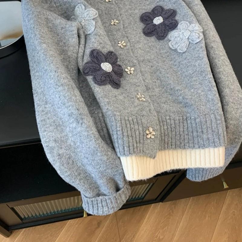 Women's Korean Floral Knit Cardigan - Autumn/Winter 2026 Lazy Style Embroidery Sweater