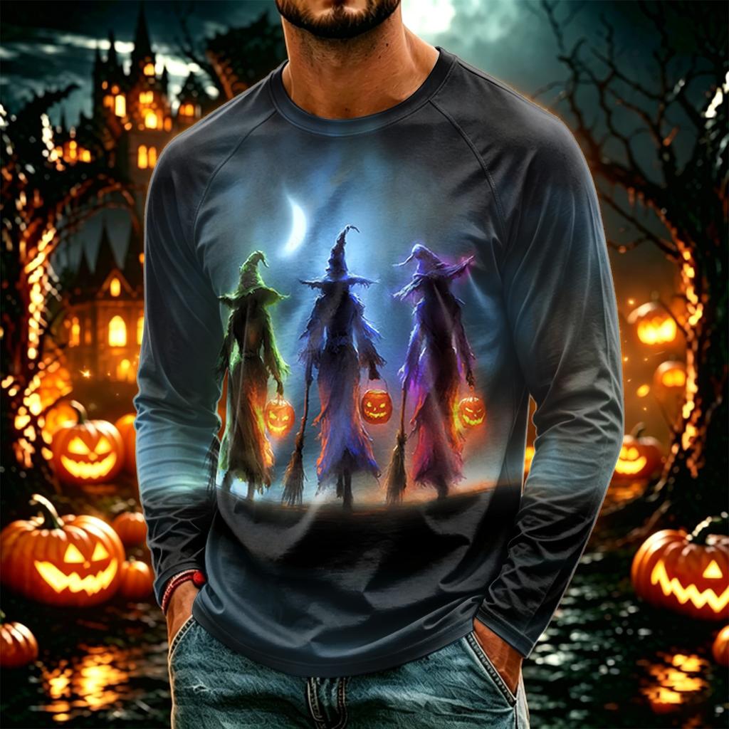 Men's Casual Long Sleeve Halloween Printed T-Shirt, Lightweight Neck Top for Daily Wear